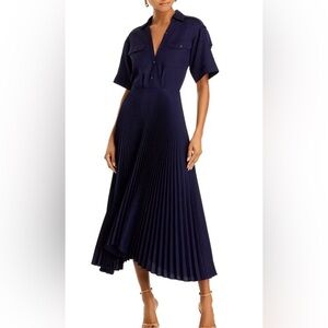 A.L.C. Liam Pleated Jersey Midi Dress Navy size 10 Asymmetric Utility Trench NWT